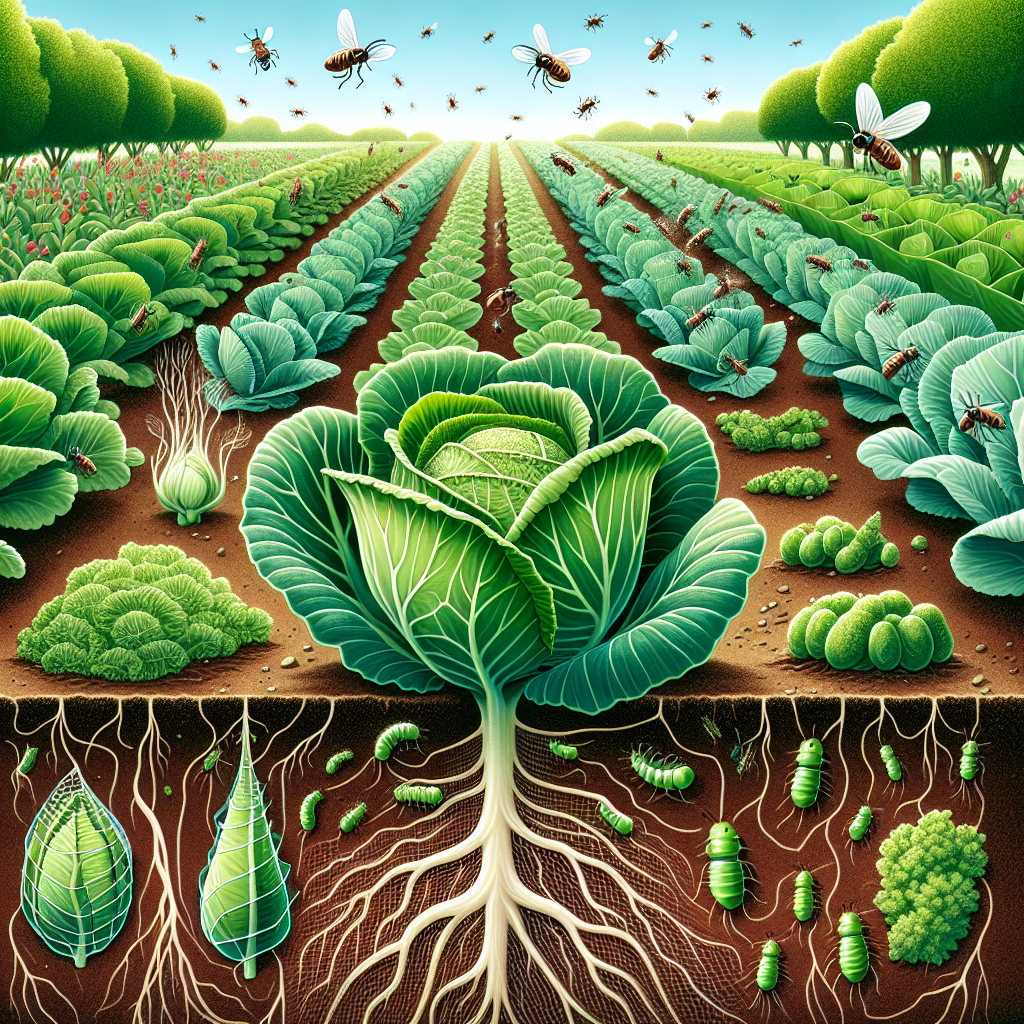 Agricultural scene in a lush, green vegetable garden. It illustrates a variety of healthy-looking cabbages being protected from pests using natural methods. There's a flurry of small, non-descript insects hovering around, suggesting cabbage root flies. A variety of insect deterrents, such as insect nets and entomopathogenic nematodes are systematically incorporated into the garden. The plant roots are visible through a cross-section of the soil, displaying a robust and intact structure free of larva infestation.