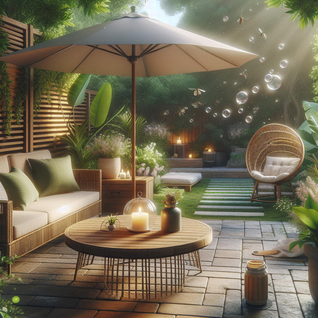 A serene summer outdoor living area that is free of mosquitoes. The scene includes garden furniture such as a sunshade parasol, a rattan sofa, and a wooden coffee table, all arranged on a brick patio surrounded by lush plants. Floating above the area are few harmless bubbles, an indication of an insect repellant. A ceramic citronella candle glows softly on the table, giving a sense of an effective mosquito repellant strategy that does not include any people, text, brand logos, or names.