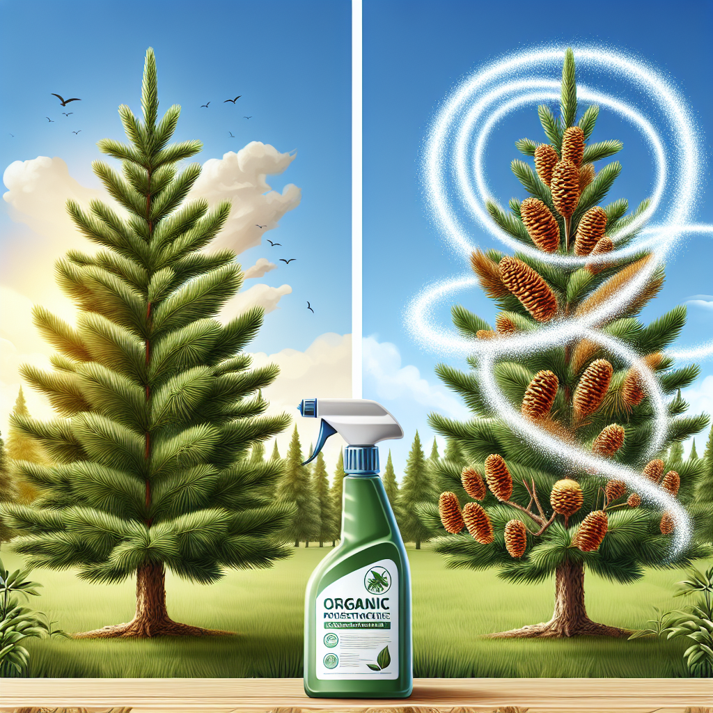 An illustrative image showing a healthy, vibrant pine tree on the left, its needles lush and green. On the right, a pine tree with the signs of Needle Cast disease, the needles looking brown and unhealthy. In the middle, a spray bottle with organic pesticide is placed on the ground with illustrative waves showing the process of spraying into the air, targeting the diseased tree. The background is a clear, sunny sky. Note that there are no people, text or brand logos in the image.