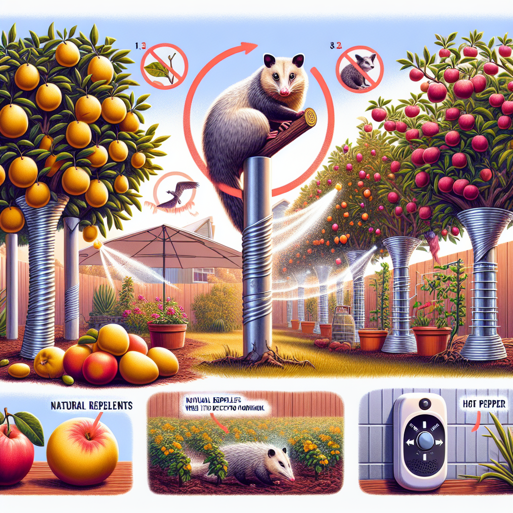 An image showcasing a variety of deterrent methods to keep possums away from fruit trees and gardens. The scene features fruit trees abundantly laden with ripe fruits. To prevent possum access, the trees are wrapped with smooth metal sheets around the trunk, implying that it is hard for possums to climb. In the garden space, natural repellents such as garlic and hot pepper could be scattered around. Moreover, a visual of a motion-activated sprinkler is installed which sprays a burst of water when it detects movement. All these elements portrayed without any human presence, text, brand names or logos.