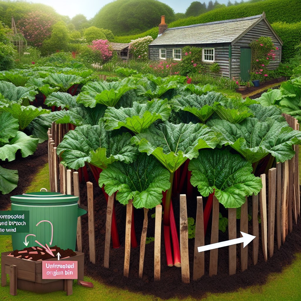 An organic village garden filled with lush rhubarb plants, their sizable green leaves sheltering the red stalks beneath them. A compost bin and untreated wooden stakes are tools used for protection from crown rot. The stakes are deployed in a circle around the rhubarb plants to break the wind, while the compost bin is shown with decomposing organic waste that serves to enrich the soil. Guide arrows display the preventative process, but contain no text. The overall scenery fosters a sense of organic and sustainable farming.