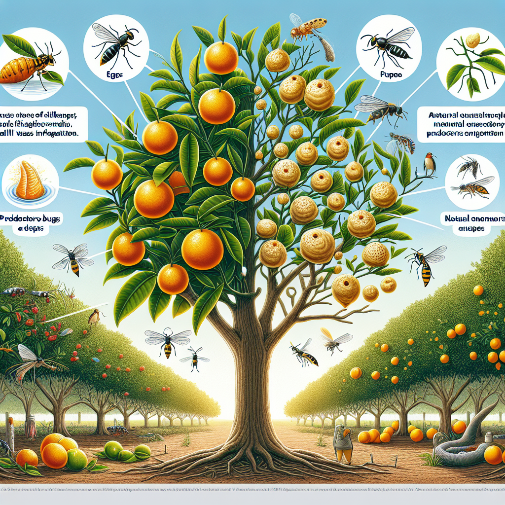 An informative visual showcasing a healthy, robust citrus tree on the left and a citrus tree infested with gall wasp infestation on the right. The infested tree should show distinctive swellings or 'galls' on its branches. Include various stages of the citrus gall wasp lifecycle around the infested tree such as eggs, larvae, pupae, and adult wasps. Also, illustrate natural enemies of the wasp like predatory bugs and birds near the healthy tree. The context should be an orchard setting under a bright, clear day but without human elements, text, logos, or brands.