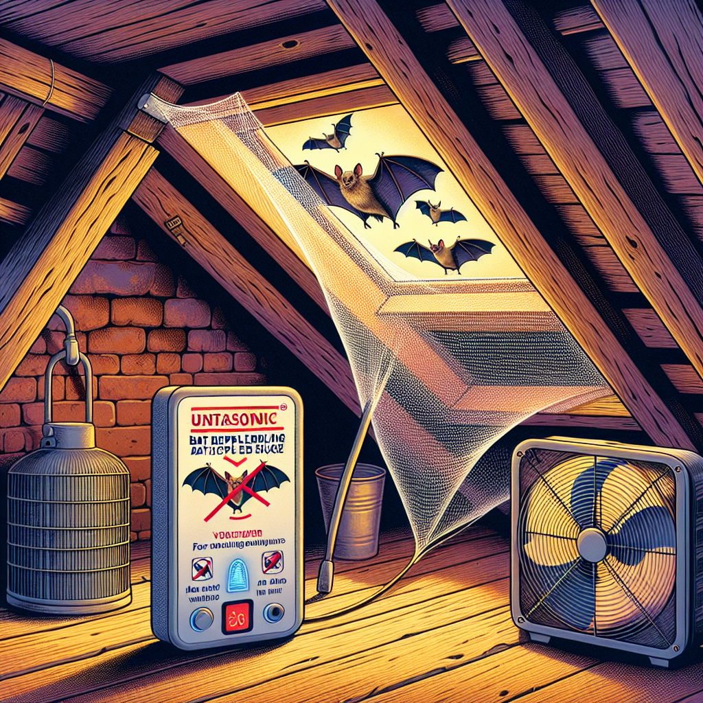 An illustration showcasing practical methods of deterring bats from taking up residence within attic spaces. The image should present an old attic with visible light peeping through some cracks, an ultrasonic bat repelling device situated in a corner, a fan generating air movement, and a net covering the window. The environment should appear to be unwelcoming for bats but still valuable and beautiful for humans. This should be depicted without involving people or visible text in either environment or items, and should also exclude brand names or logos.