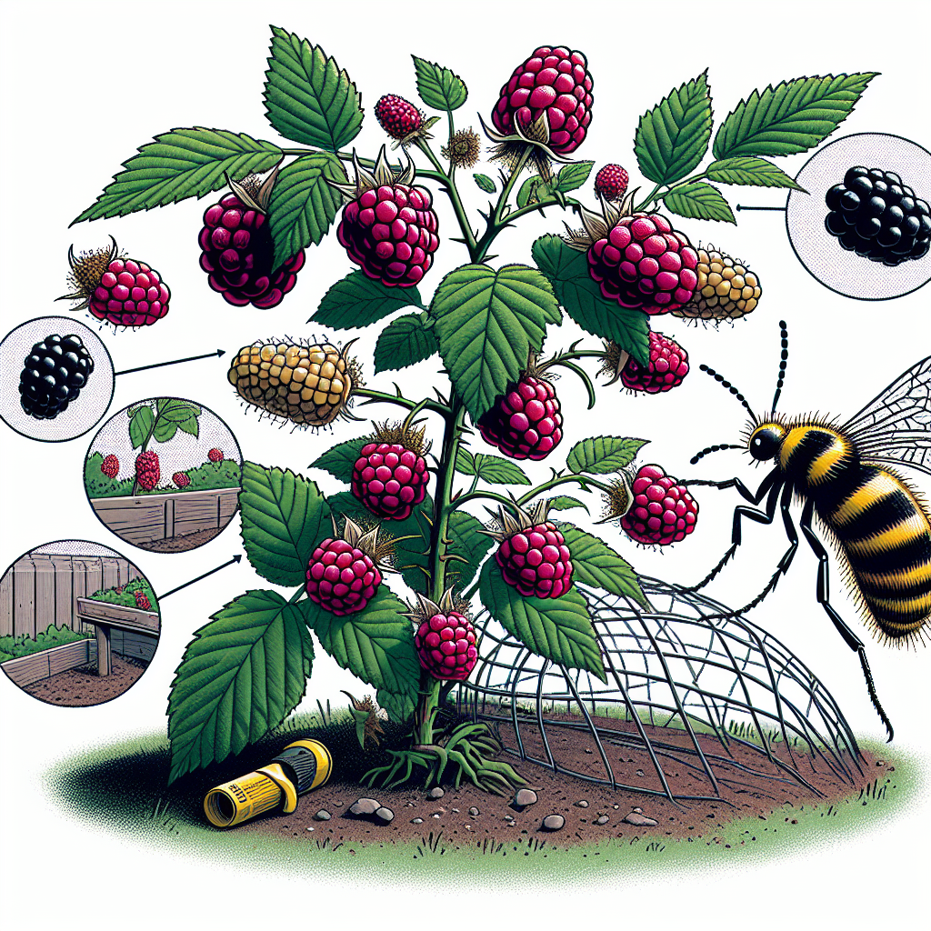An illustrative picture of a gardening situation focusing on Blackberry plants. The blackberries should be large, ripe and abundant. Close by, subtly place a Raspberry Crown Borer insect, it has a yellow and black striped body with clear wings. It's trying to invade the blackberry bush, but a series of defensive measures, such as organic pesticides, protective mesh or any other gardening tools are strategically placed around to protect the plant.