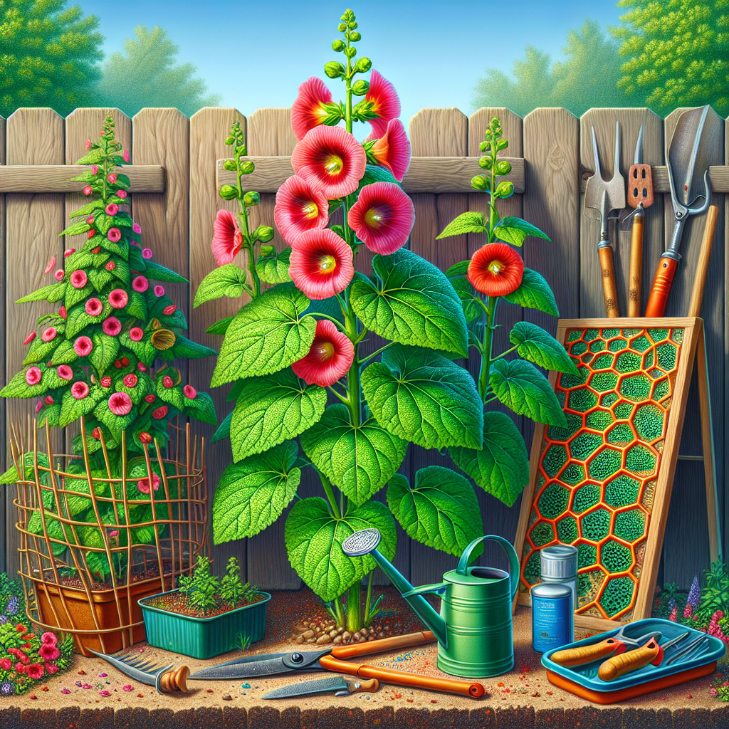 A vibrant and detailed image of a healthy hollyhock plant standing tall in a well-maintained garden. The hollyhock has layers of bright colored petals and strong green leaves. Nearby is a display of organic gardening tools including a rust-free pair of shears, a small pair of gloves, and a watering can. In the background is a wooden fence covered with a protective varnish, deterring rust formation. The composition of the scene illustrates cautionary measures taken against rust-related ailments affecting plants, specifically Hollyhock.