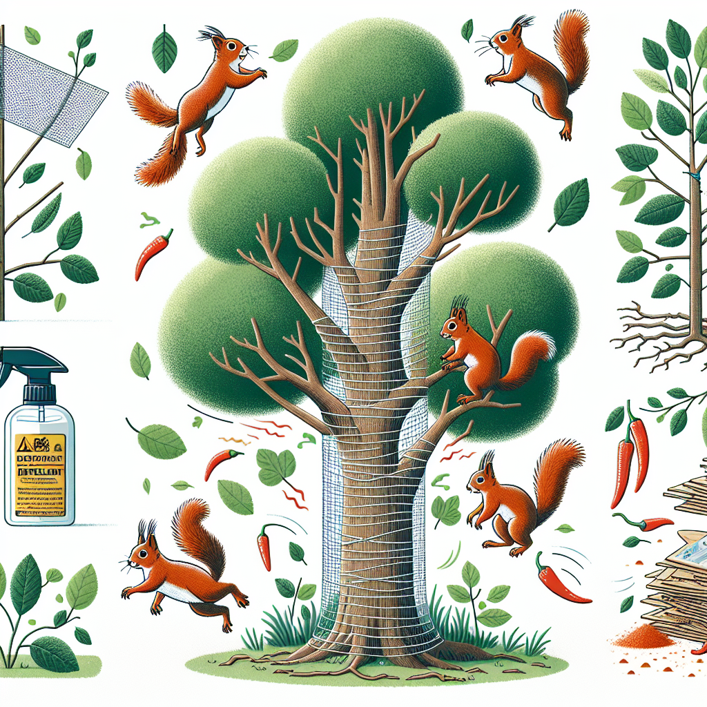 An illustration displaying multiple nature-centric elements. We see several squirrels with fluffy tails and sharp claws, joyfully leaping or playfully running around healthy trees with lush green leaves. We also notice some trees showing signs of bark stripping, but with protective mesh wire wrapped around their trunks to prevent further damage. There are organic-looking, strategic interventions such as various deterrents, depicting a spray bottle of repellent, and a stack of spicy chilli peppers scattered nearby. These subtle hints reflect ways of discouraging squirrels from stripping tree bark, without causing harm to the wildlife.