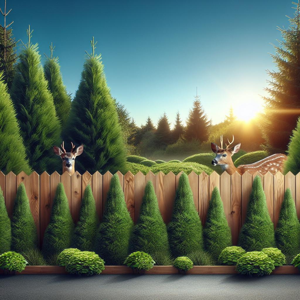 A lush, green arborvitae garden beautifully fenced with natural, wooden barriers. Behind this fence, curious deer can be seen peering over, unable to access the plants. No text or human beings are found in this peaceful scenario. On one side of the image, the sun sets in a clear blue sky, casting long shadows across the landscape, promoting an atmosphere of tranquility. The layout of this image embodies the essence of deterring deer from browsing on arborvitae without the need of text, logos, or brand names.