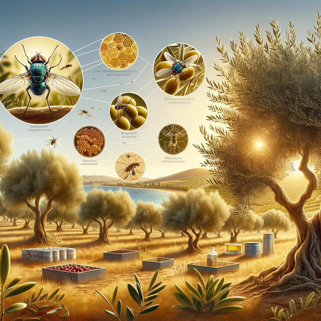 An illustrative representation of an olive orchard bathed in golden sunlight, with lush olive trees bearing fruit in a Mediterranean landscape. Among the branches, a visual representation of an olive fruit fly is depicted in scientifically accurate detail. Different possible protective methods such as traps and natural repellants are also subtly depicted without any brand names. Notably, there are no human figures in the scene.