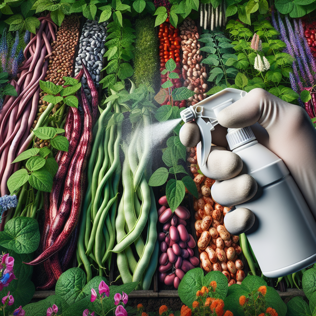 A detailed image of a healthy, flourishing bean and legume garden. Show various types of beans and legumes in abundance, displaying their diverse shapes and colors. Incorporate visual elements emphasizing prevention such as a gardener's gloved hand applying a bio-friendly spray on the plants to protect them from anthracnose. Let the image exude a sense of dedicated care being taken to ensure the health of these plants. Exclude any people to respect the request and instead focus on elements that transmit an atmosphere of careful, preventive gardening. No texts or brand names should be included, focusing entirely on the actions being taken to prevent disease.