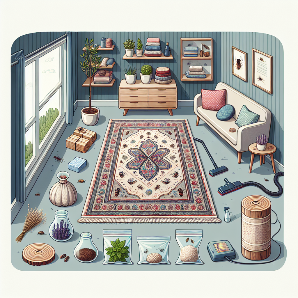 An informative illustration depicting various strategies to deter moths from wool rugs. The setup portrays a well-lit, clean room with a beautiful woolen rug at the center. Several natural moth deterrents are placed around, like sachets of dried lavender, cedar wood blocks, and sealed bags of peppermint leaves. There are also moth traps with sticky pads showing at the corners. A window is open for ventilation, and a vacuum cleaner is in the corner, indicating regular cleaning. No human beings, brands, logos or written text present in this scene.