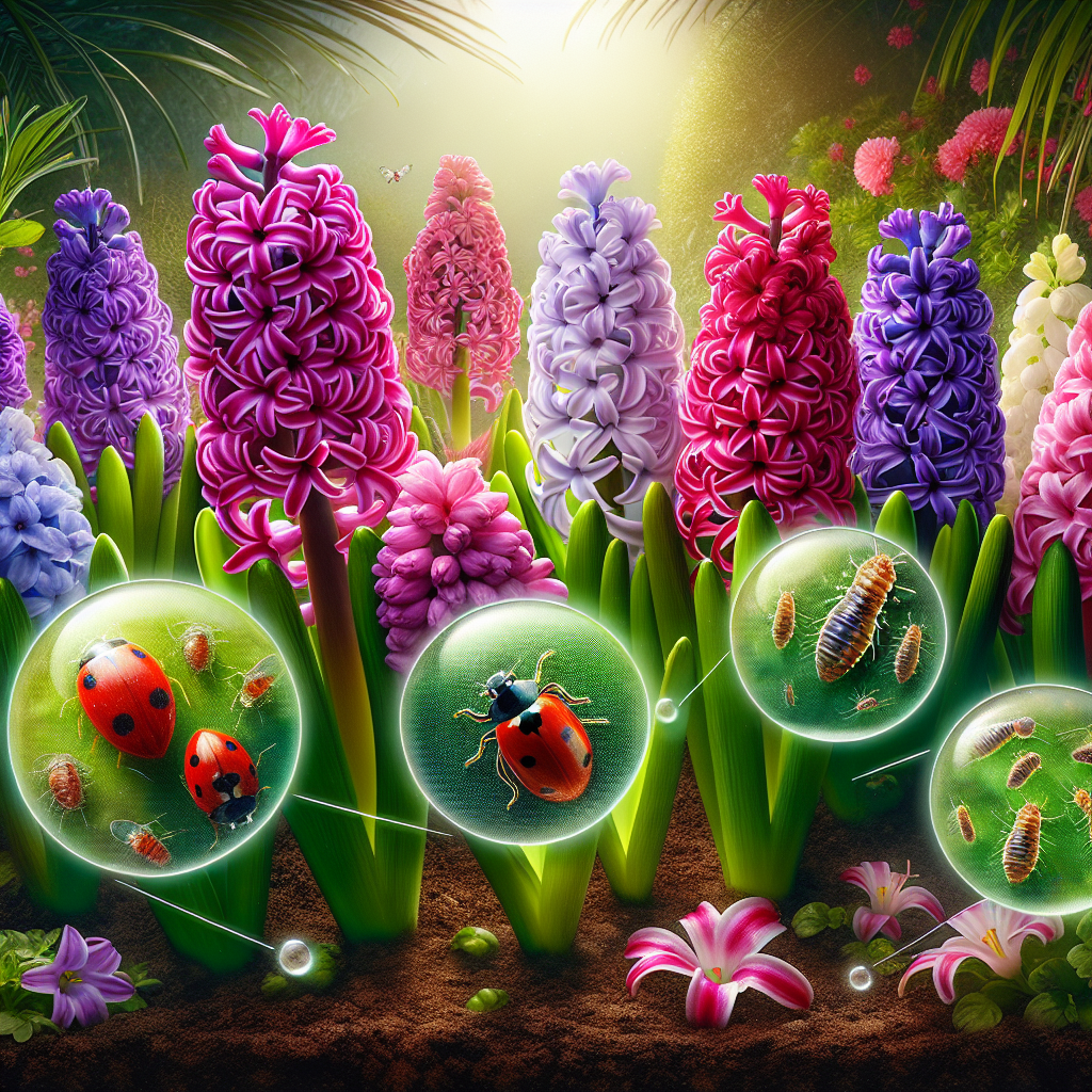 A vivid image displaying a garden scene where beautiful, blooming hyacinths are being protected from tiny, unseen pests known as bulb mites. Strikingly colored hyacinths dominate the scene, their bright pink, purple, and white blossoms standing out against lush green leaves. Invisible to the eye, the bulb mites represent a silent threat. The protective methods are also present: microscopic images of beneficial bugs such as ladybugs and predatory mites, and organic pest control substances like natural insecticidal soap subtly spread over the soil. Everything is set in a serene garden backdrop, without any appearance of people, text, or branding.