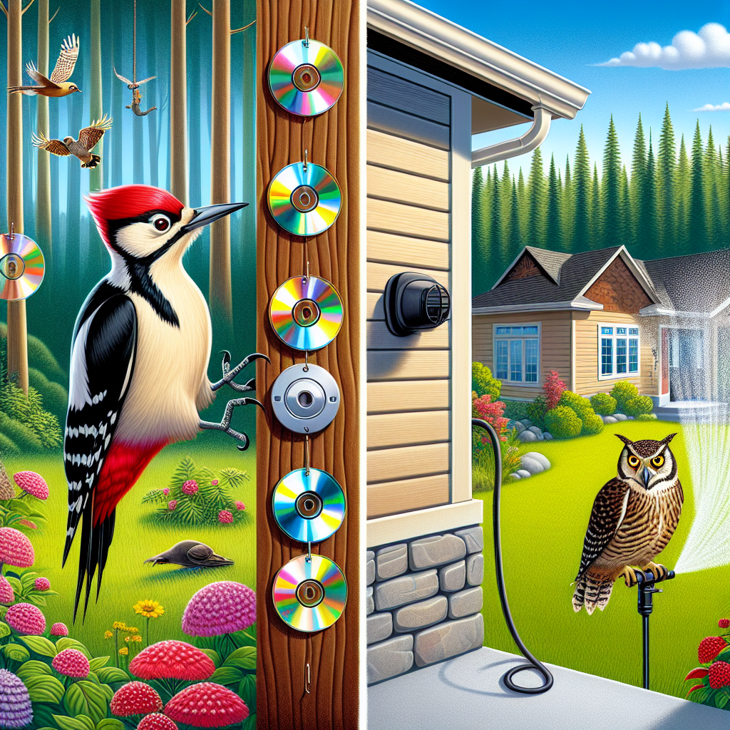 A vivid illustration showcasing a cedar siding house on the left and a woodpecker being deterred on the right by various non-harmful methods such as hanging shiny objects like old CDs, a motion-activated sprinkler, and a fake owl. The background is a serene, natural forest landscape at daytime, with clear blue sky above. The entire scene exudes a balanced atmosphere between human habitation and wildlife coexistence. Please remember to not include any text, brand names, logos or human figures in this image.