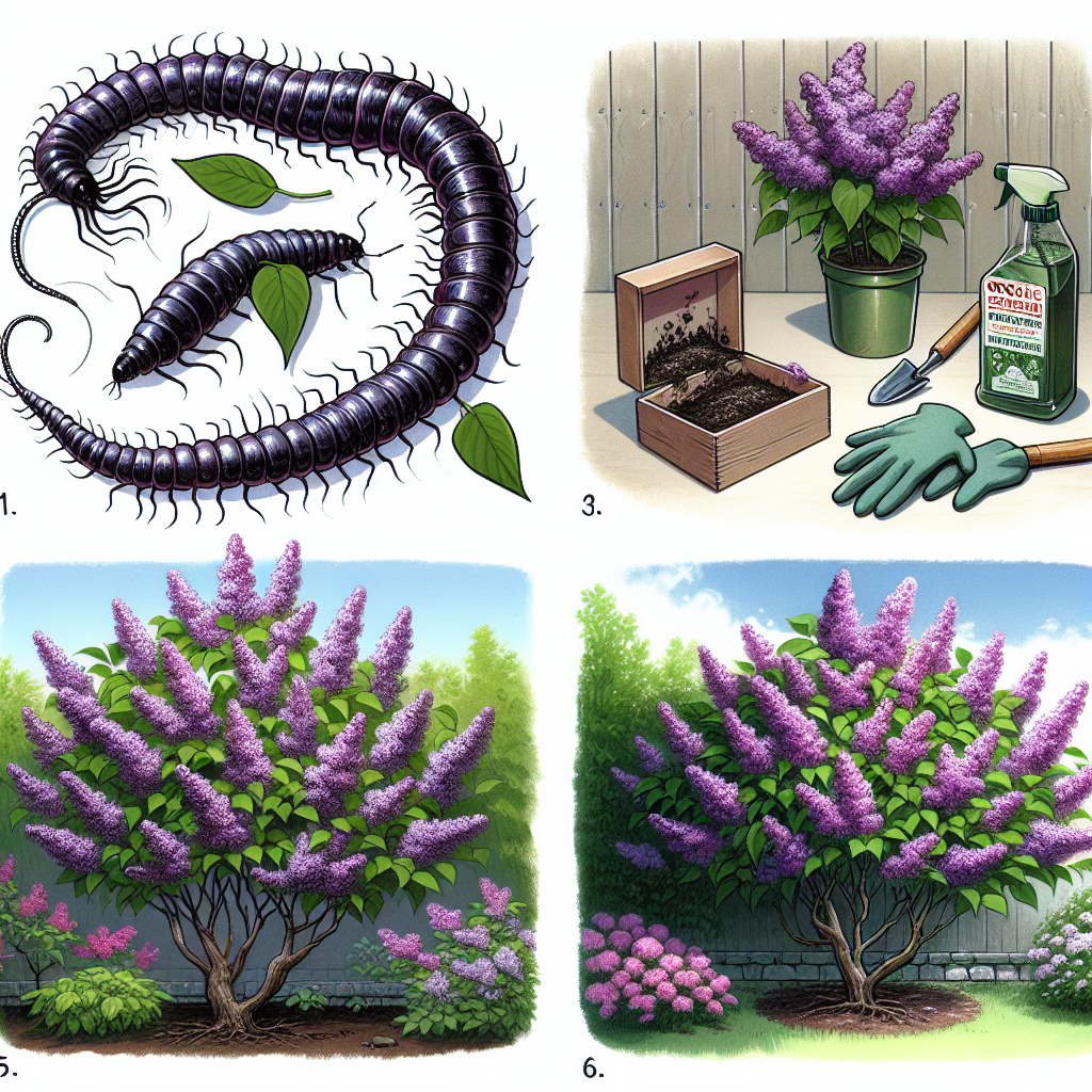An illustration that show the process of protecting lilac plants from pests, specifically the Lilac Borer. Picture this sequence as a silent and informative illustration: the first scene shows a lush lilac bush in full bloom, its lavender blossoms plentiful and aromatic. Next to it, a depiction of a sinister looking Lilac Borer worm, identified by its segmentation and dark color. In the subsequent scene, a set of gardening gloves and a small, unlabelled bottle of organic pesticide are shown. In the final tableau, the lilac bush appears to glow with health, the threat of the borer nowhere in sight.