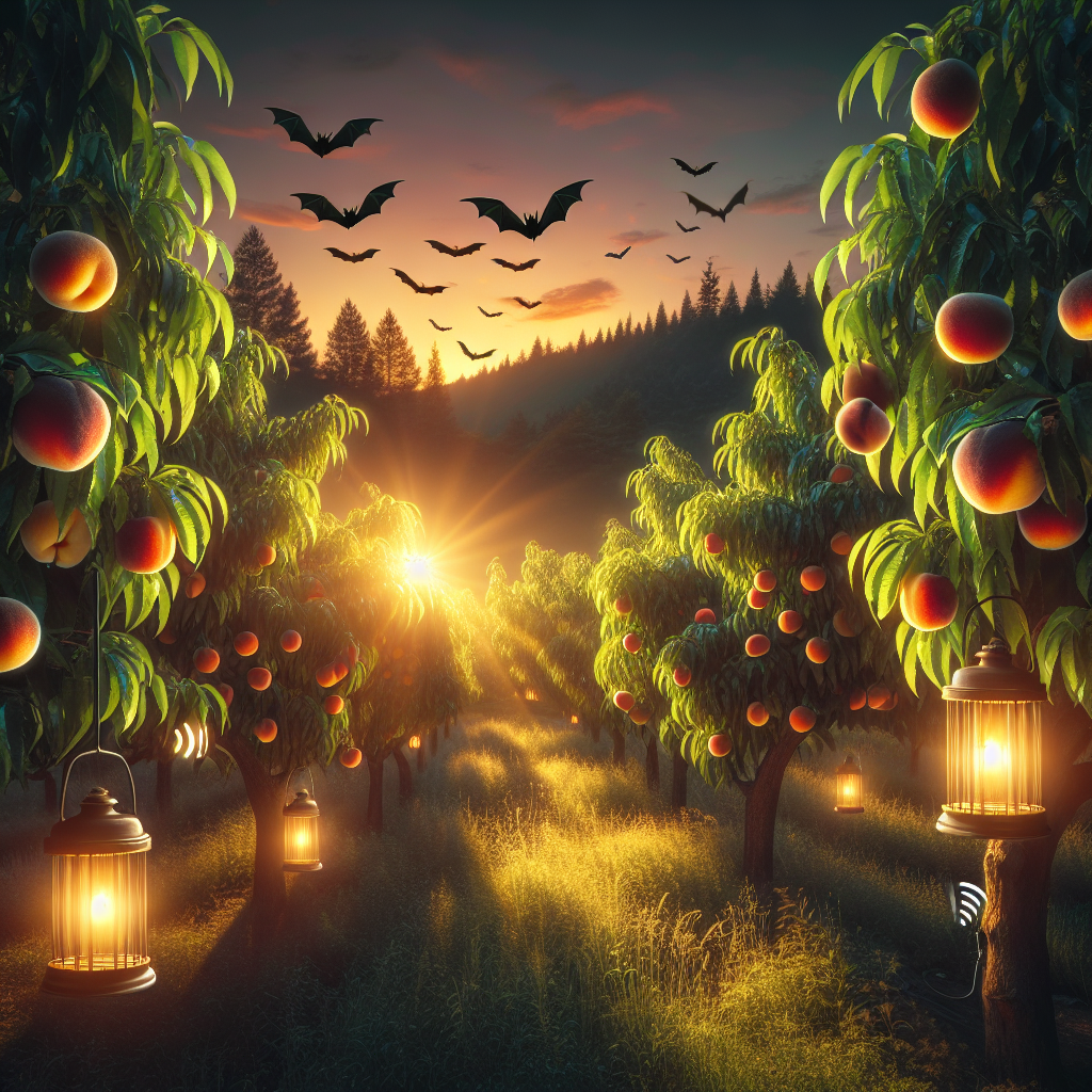 A lush, verdant orchard filled with ripe, juicy peaches glowing under the gentle rays of the setting sun. Hanging lanterns with warm radiating light warding off bats, with their silhouetted figures flitting in the twilight sky. A bat deterrent, such as an ultrasonic device is placed nearby, emanating invisible sound waves. Please ensure no human figures, text, or brand logos are present in this tranquil and inviting scene.