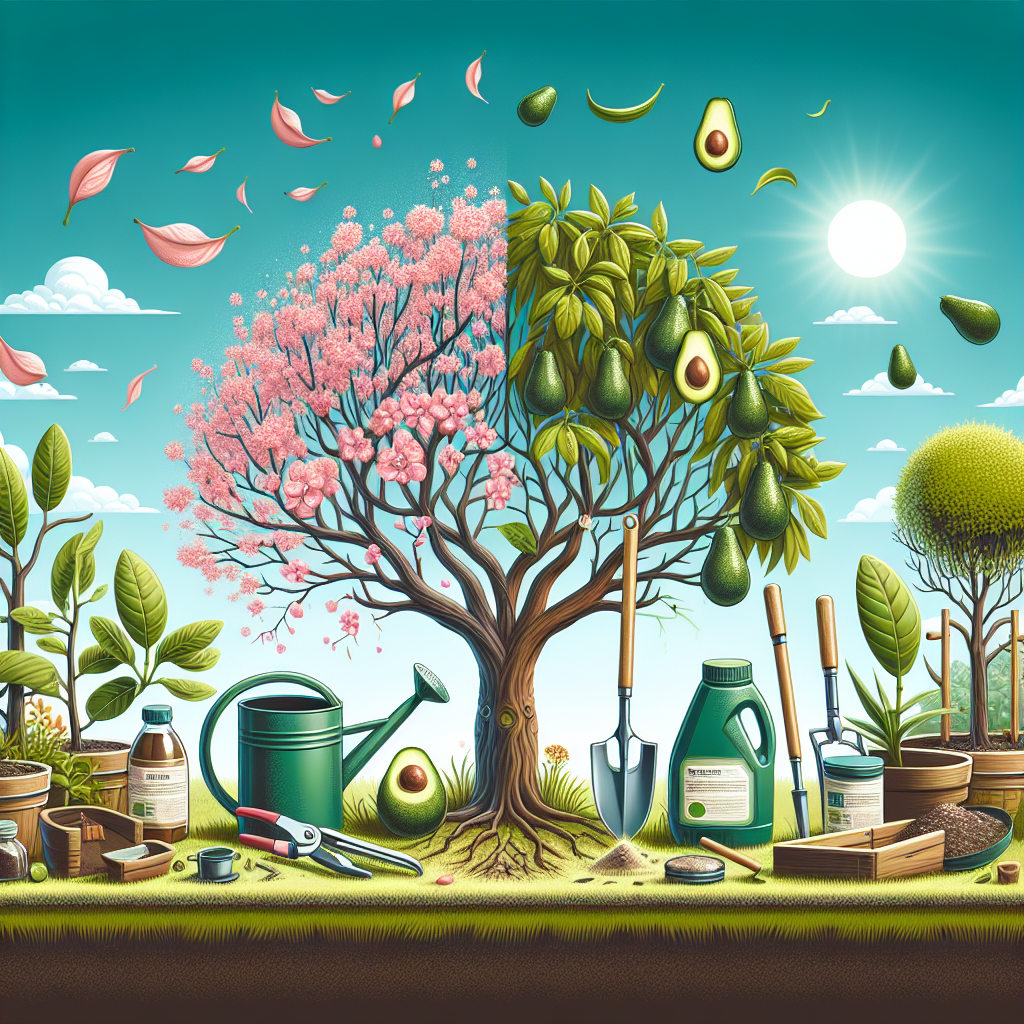 A distinct image focusing on the health and care of avocado trees. The image portrays a healthy, lush, blooming avocado tree on the left side. A tree on the right shows signs of dropping blossoms, indicating some distress. There are some gardening tools such as a watering can, pruning shears, organic fertilizer located at the foreground to signify care and maintenance practices. There are also items commonly associated with plant care: a nutrient rich soil and sunlight. The sky in the background is clear and blue, symbolizing optimal growing conditions. All items in the image are unbranded.