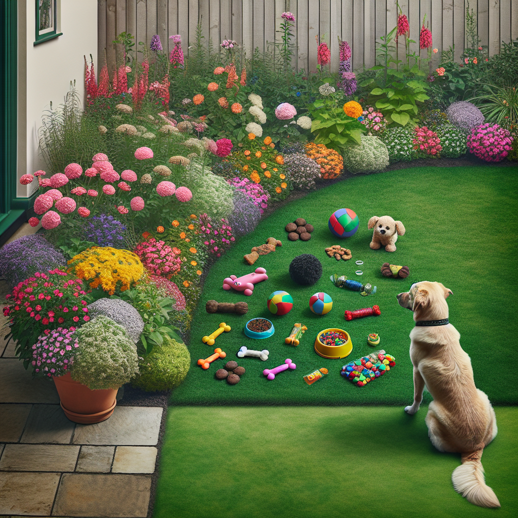 An image showcasing a beautiful well-maintained flower bed with a variety of colorful blooms. There are no signs of any digging, suggesting that the area is free from dog-related damage. Alongside the flower garden, an array of dog-friendly toys and treats are carefully placed on a crisp, green lawn, capturing a dog's attention and diverting it away from the flowers. Despite the absence of any human figures, there's a clear sense of care and attention given to the garden and the pet's interests. Neither text nor brand names are present anywhere in the scene.