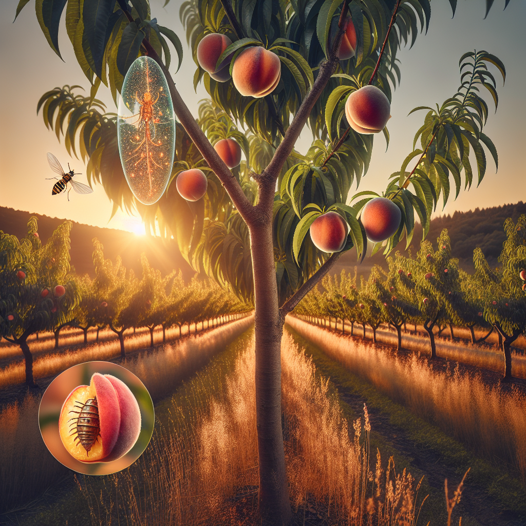 A beautiful peach orchard under the soothing light of a golden sunset. Rows and rows of mature, leafy peach trees with ripe, juicy peaches hanging low. Nearby, a few unknown insects hovering above the tree bark. A close-up indicates they are the peach tree borers. There's a visual representation of a transparent, organic protective barrier surrounding each tree, signifying the tree's natural defenses. A few birds are perched upon the branches, symbolizing their role as natural pest controllers. There are no human elements or text in this peaceful and serene setting.