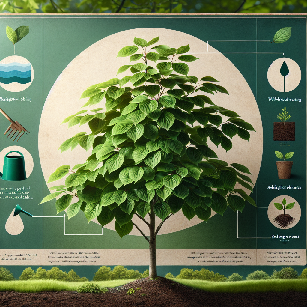 A detailed view of a proud Dogwood tree standing alone in a verdant landscape. This mature tree appears in lush health, free of leaf scorch, with vibrant leaves that boast serrated margins, shining an emerald green. Beside it, an illustrated chart subtly communicates the strategies to combat leaf scorch: well-timed watering, adequate shading, and soil improvement. To make the concept further resonant, there are visual representations of a watering can, a shade net, and organic mulch, but with no brand names or logos. None of these elements contain any text or people within the image.