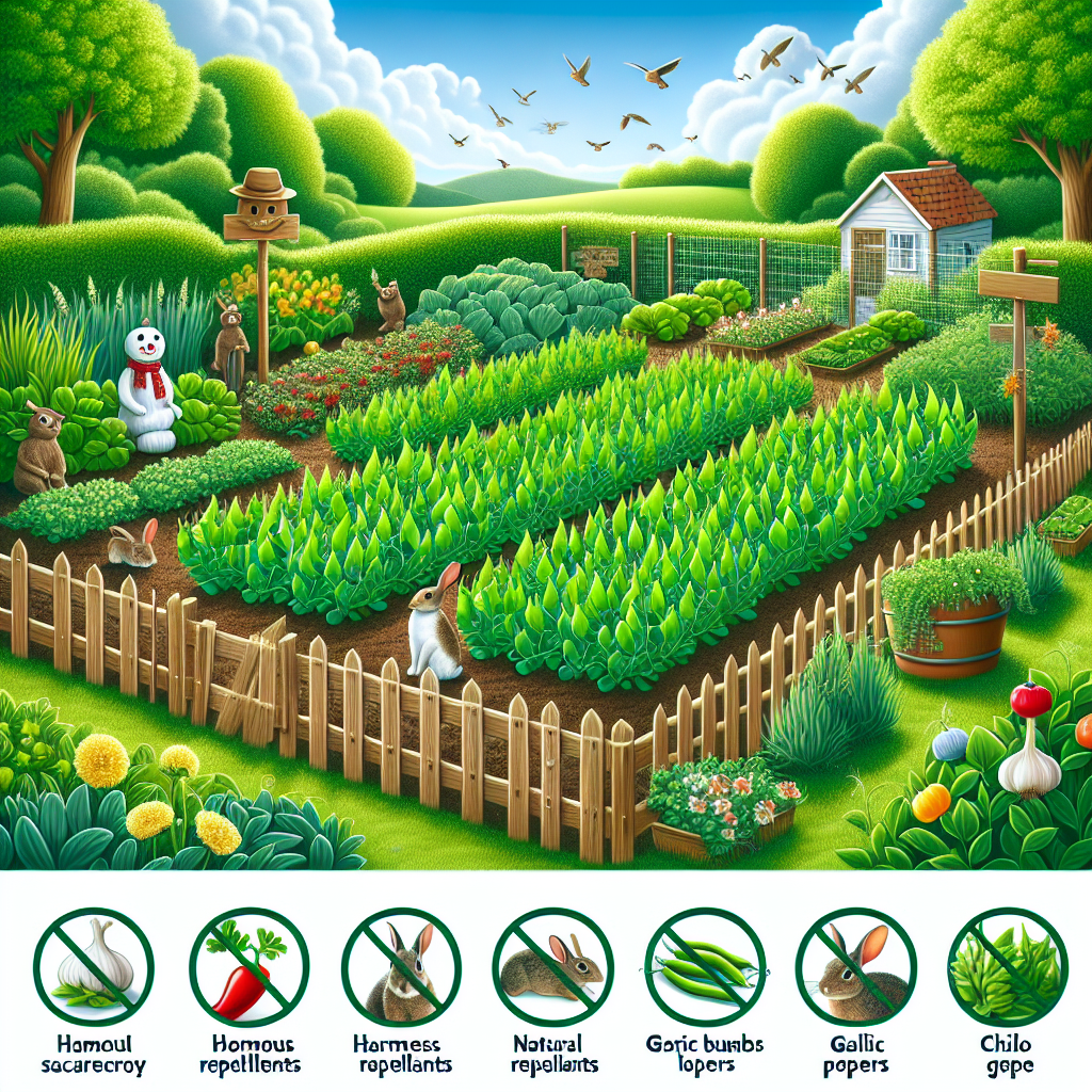 A picture showing a beautifully maintained vegetable garden with vibrant green pea plants. There are various rabbit deterrents scattered around. Some might include a small, harmless scarecrow, natural repellants like garlic bulbs and chili peppers scattered around, and a gentle fence surrounding the garden to keep rabbits out. The image should portray a clear sense of peacefulness and tranquility, and it should be obvious that the garden is well-protected without harming any animals. The overall mood should be positive and serene, highlighting the triumph of the gardener's efforts. The image should not include any brand names, logos or people.