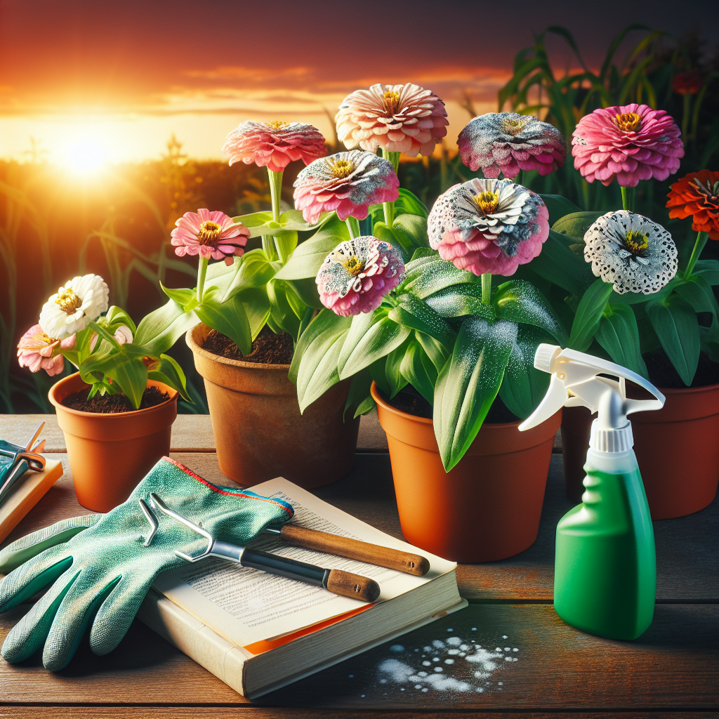 A radiant garden scene featuring a variety of colorful zinnias struggling from powdery mildew depicted as white spotty substance on their green leaves. Nearby, a set of essential gardening tools lay rested signaling the care to be taken. To convey the protective measures, a spray bottle filled with a organic mildew-resistant solution is in close proximity. Also, a pair of gloves and a gardening manual lay open, highlighting the preventive measures. The sun sets in the background providing a warm orange glow but without any text or brand names present in the scene.