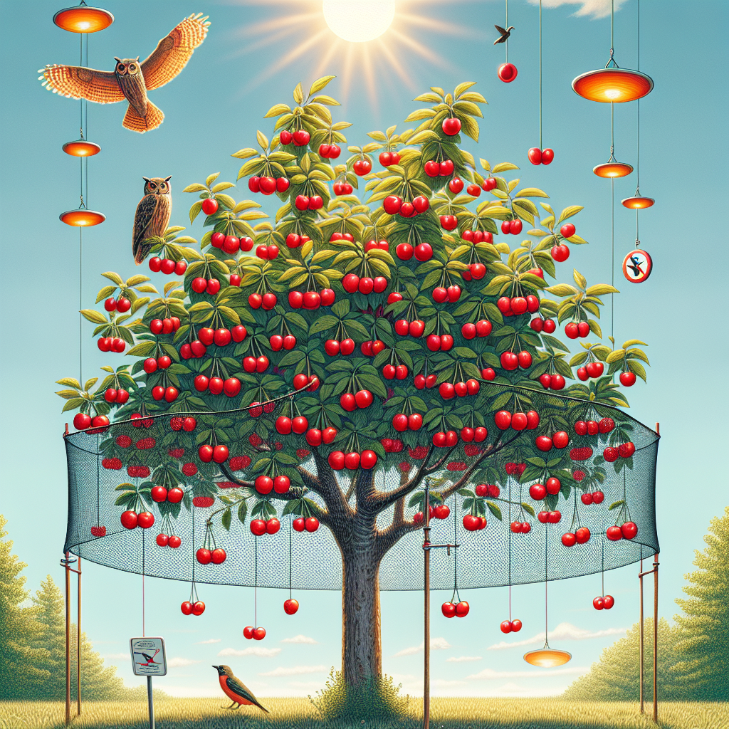 An illustrative image showing a mature cherry tree laden with bright red cherries under a sunny, cloudless sky. It is surrounded by an array of humane deterrents keeping birds away. About halfway up the tree, a thin, nearly invisible net wraps around its branches, preventing birds from reaching the cherries. Hanging from some branches are shiny, reflective discs, their brightness in the sunlight deterring birds from approaching. A decoy owl perches on one of the higher branches, appearing to watch over the tree. No people or brand names are present.