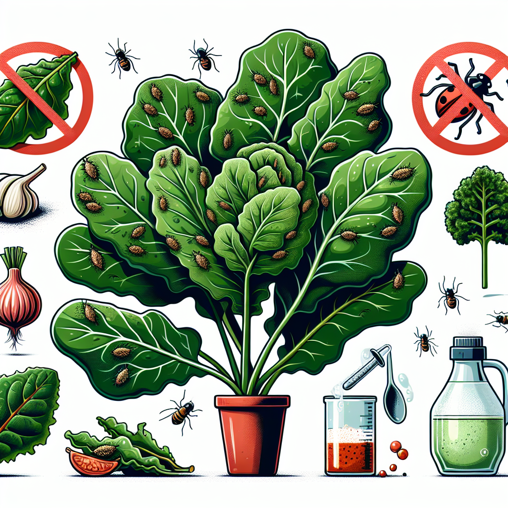 Illustration of green, healthy collard and kale leaves clumped together, slightly dusted with aphids. A few drops of homemade, organic pesticide can be seen dripped onto the leaves and aphids, causing some of them to lose their grasp and fall. In the corner, various natural deterrents like garlic cloves, Cayenne pepper, diluted soap solution, and ladybugs are shown ready to be used against the aphids. To represent the prevention aspect, a circular red sign with a black aphid silhouette crossed out is hovering over the plants. This sign does not have any written text on it.