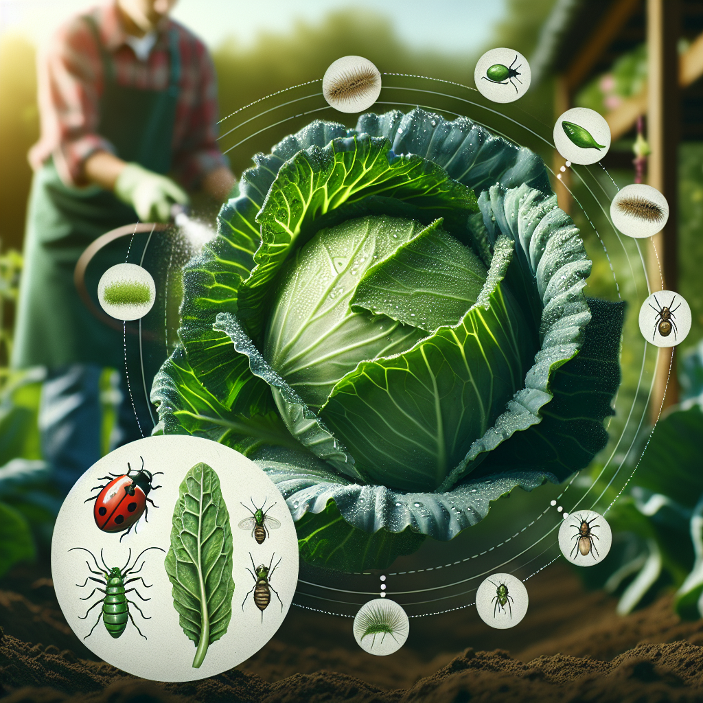 A visual representation of organic farming practices. Show a close-up of a lush green cabbage with dew drops on its leaves, focusing on the freshness of the vegetable. Next to it, portray a small, hand-drawn icon of aphids signifying the pests. On the other side of the cabbage, illustrate natural predators such as ladybugs and lacewing larvae which are common biological controls used against aphids. Around the cabbage, suggest an ambiance of a home garden. Do not depict any person, brand names or logos.