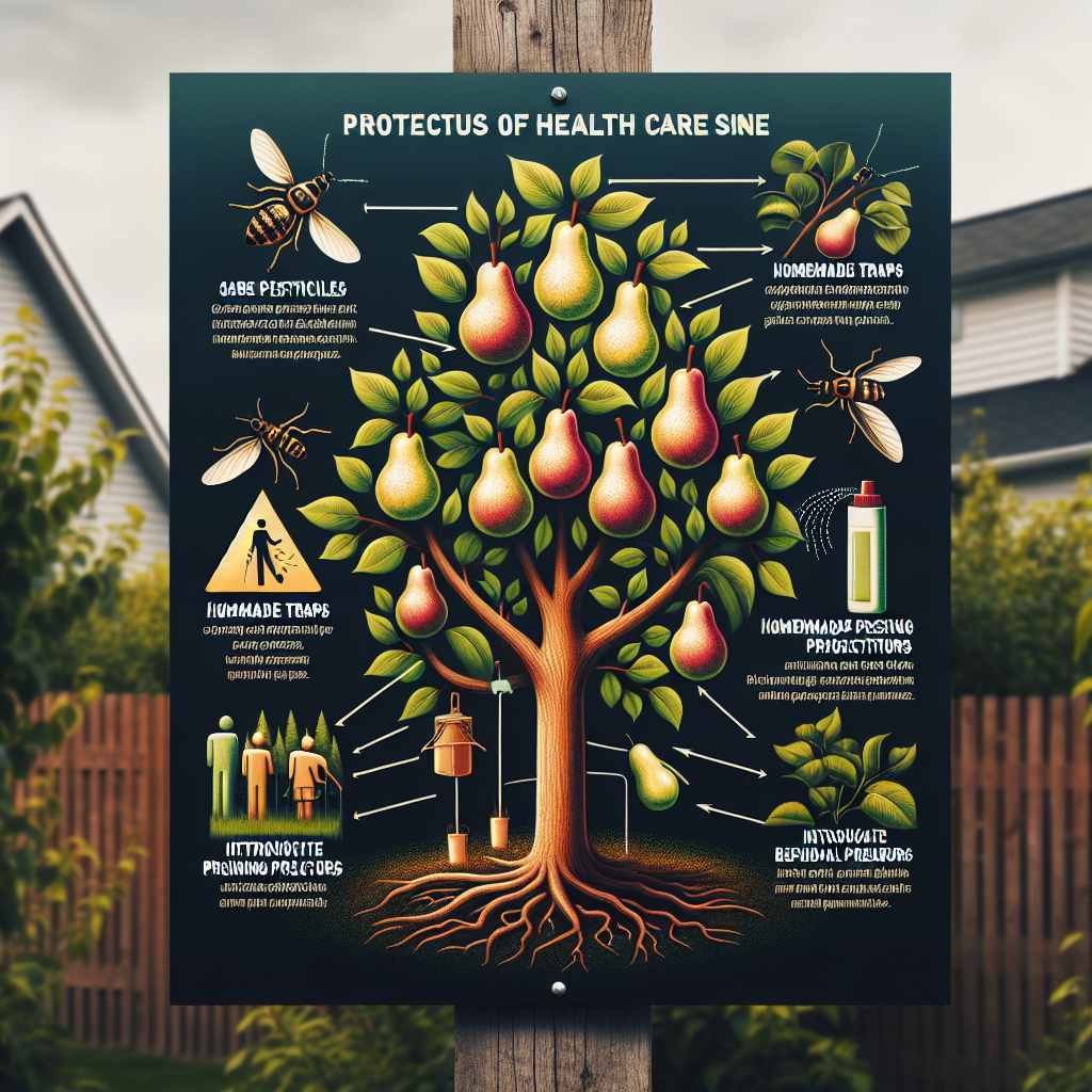 A vivid and informative health care scene for pear trees showing the techniques of protection from Pear Psylla. Emphasize the setting to be a lush outdoor garden area with several healthier pear trees being shielded from the Pear Psylla. The defense strategies could include symbolic images of safe, organic pesticides, homemade traps, regular pruning procedures, and the introduction of beneficial predators. Ensure that there are no people, brand names, or text in any form in the image.