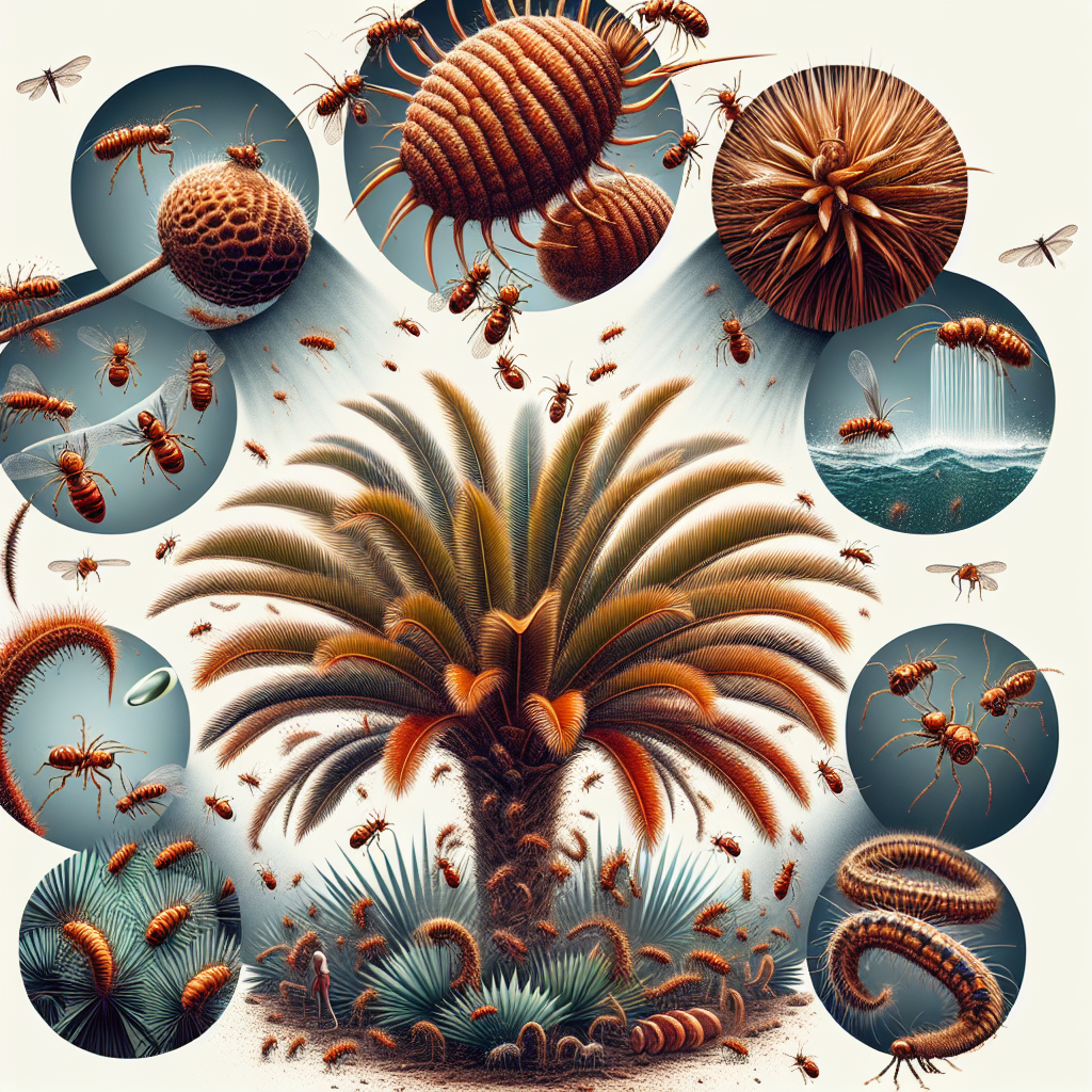 An in-depth visual about the process of combating Rust Mites on Cycads and Palms trees. The image should start with a close view of a Cycad and Palm trees showing tiny reddish-brown insects that are rust mites. Besides, depict some natural methods used to combat these pests, such as introducing predator insects, using a stream of water to wash off the mites, or spraying a natural pesticide. The image should not contain any human figures, text, brand names, or logos. Instead, focus on showcasing the plants, mites, and the methods in vivid detail.