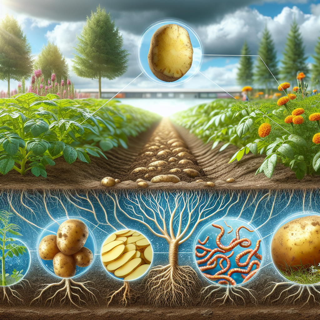 An intricate image showcasing the various aspects involved in preventing eelworm damage in potato crops. The scene includes healthy, lush potato plants in a field under a clear sunny sky. The roots below the ground have been partially exposed to reveal the absence of any eelworms. Just adjacent, a illustrated microscopic view shows a healthy potato root free from eelworms. To signify prevention, include imagery of natural pest control methods such as marigold plants and crop rotation displayed subtly within the fields. Remember, no text, people, or brand names are to be included.