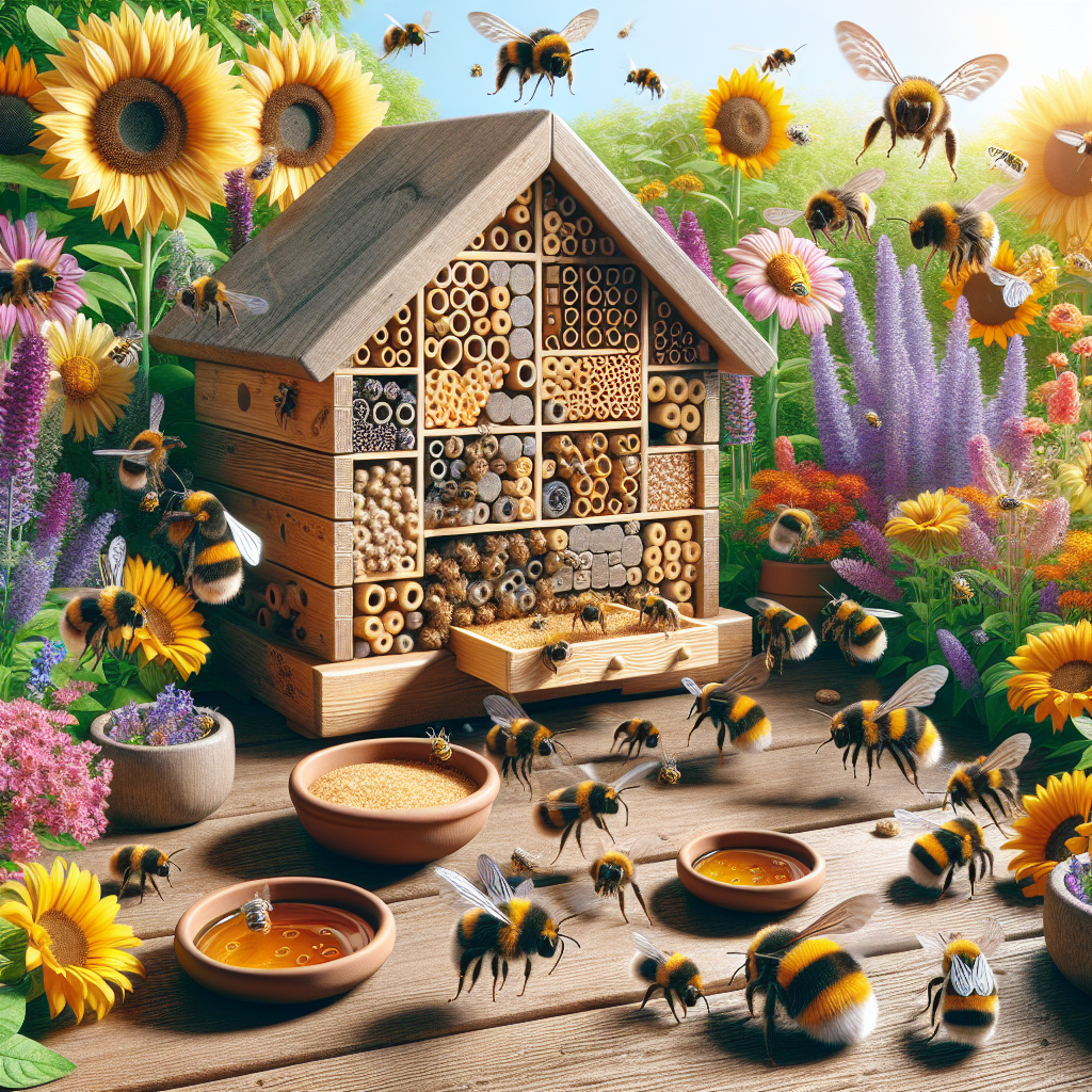 Visualize an educational guide about bumblebee safety against pesticides. The scene is set in a vibrant garden filled with various types of pollen-producing flowers like sunflowers, daisies, and lavenders. Numerous bumblebees are caught in flight, hovering over the flowers. Scattered around the garden are small bowls filled with sugar water, a known substitute for pesticides. An elaborately constructed bee hotel, made out of untreated wooden blocks with drilled holes, is shown prominently, serving as a safe haven for the bees. Ensure that no human figures, brand names, logos, or text elements are included in the image.