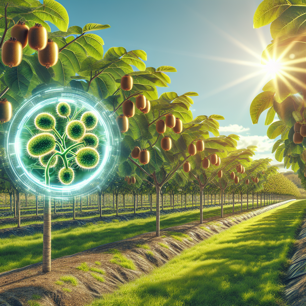 An outdoor scenario showcasing a flourishing kiwifruit orchard under the brilliant sunlight. The leaves are a rich green interspersed with vibrant kiwifruits hanging from the branches. Above the orchard, a graphic representation of Pseudomonas Syringae bacteria is present, symbolising their threat, but are kept at bay by a semi-transparent protective barrier, suggesting organic pest control measures. Noticeably, do not include any humans, text or brand logos in the artwork. The atmosphere is serene and peaceful, emphasizing the harmonious coexistence in nature while maintaining the integrity against potential harm.