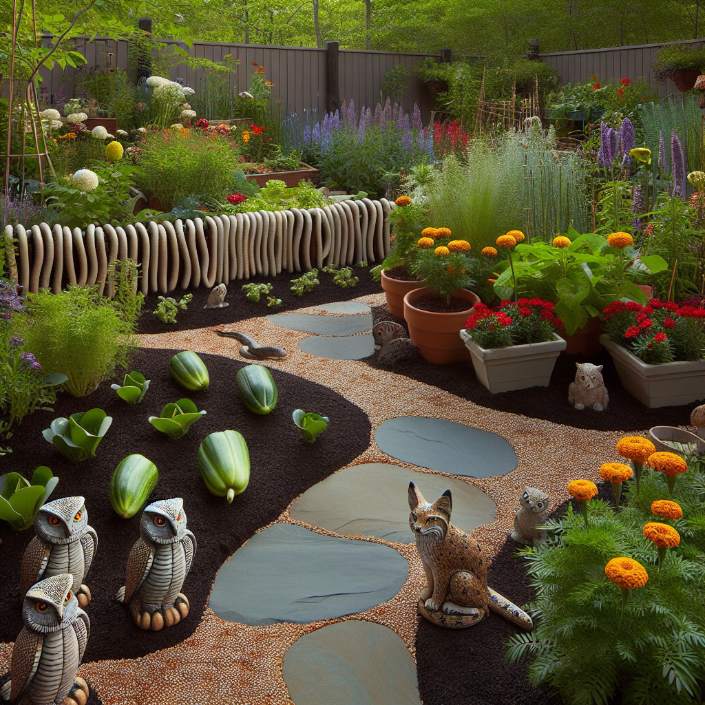 An idyllic garden setting, with snake deterrent methods being in use. The scene features lush flowers and vegetables in raised beds, surrounded by a natural hued snake fence, providing a barrier between nature and the flourishing gardened area. Small ceramic figures of predatory animals, such as owls and bobcats, placed strategically around the place, are visible. Marigolds, a type of plant that naturally repels snakes, are on full display in planted pots and the ground. A flat stone pathway meanders through the garden, its edges dusted with snake repellent granules. All these elements present a serene, snake-free environment.