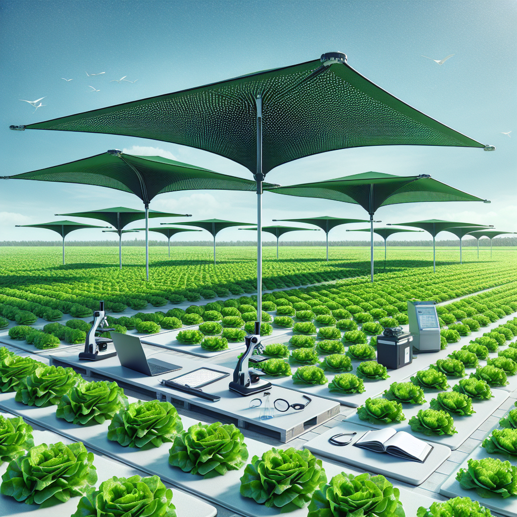 A lush, green lettuce field under a clear, bright sky. Several collapsible flat structures resembling wide parasols are sporadically placed across the field; these represent innovative technology designed to shield the lettuce from downy mildew. These structures are dark, almost black, lightweight, and perforated to allow adequate sunlight while protecting against harmful elements. Nearby, scientific equipment like microscopes and notepads are placed, signifying ongoing research. All the details are without any visible text or brand names, and the image is devoid of any human figures.