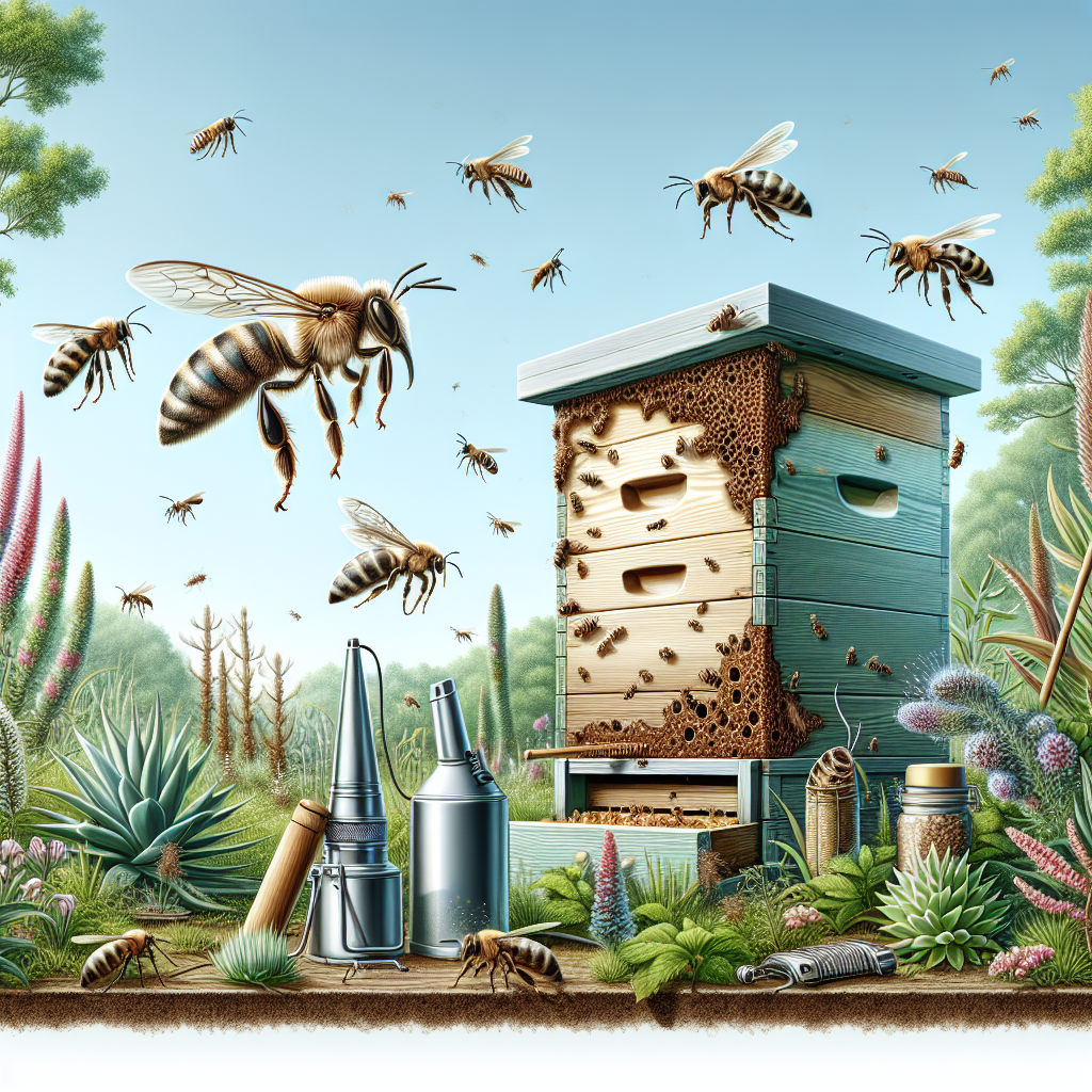 A detailed visual representation of a well-maintained beehive in a lush garden, surrounded by various native plants. Floating around the hive are beekeeper tools such as a hive tool and a smoker, indicating preventative measures to defend the hive. In contrast, on the fringes of the image, a few wax moths are looming, their detailed characteristics visible, providing a understanding of the threat. The scene is set during the day with clear weather, demonstrating an ideal time for hive maintenance. No people, text, brand names, or logos are included in the image.
