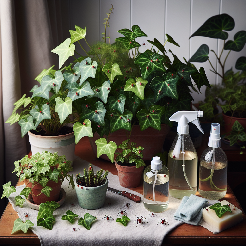 A detailed indoor setting with a collection of ivy plants arranged neatly. Some of the plants show tiny red dots on their leaves, representing the Red Spider Mites. On the table next to the ivies, there's a homemade natural mite repellent, that's made using common household ingredients like water, dish soap, and vinegar. Beside the repellent, there's a small clean cloth and a spray bottle, tools commonly used to apply the solution. The setting is calm and tranquil, showcasing a preventative part of plant care.