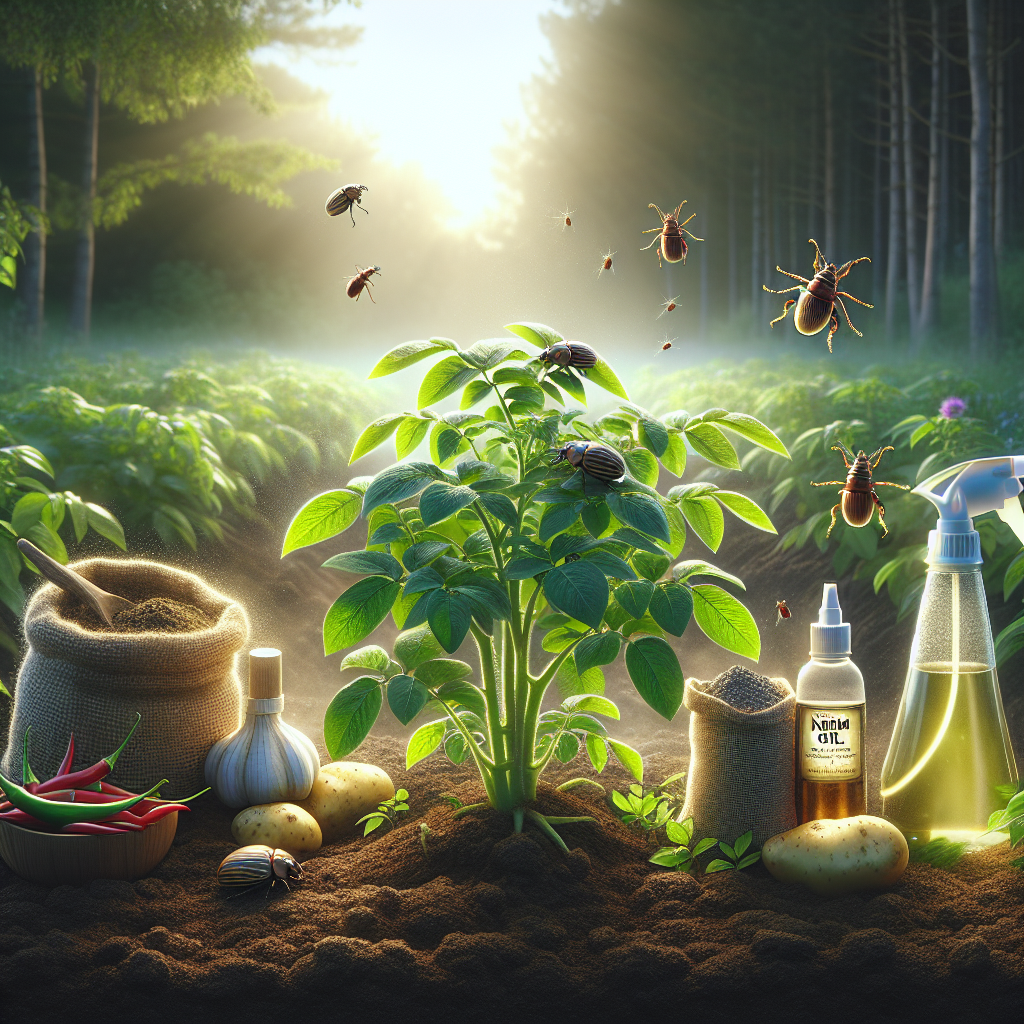 A rural setting showcasing healthy potato plants in a fertile soil. Nearby, various natural remedies are depicted such as a jar of crushed garlic and chili mix, a spray bottle with neem oil, and an open sachet of diatomaceous earth. Soft sunlight illuminates the tranquil scene highlighting the vibrant green of the plants and the rich dark earth. A few beetles are shown looking repelled and turning away from the potato plants, signaling the effectiveness of the natural remedies.