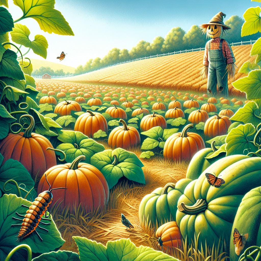 An illustration demonstrating a pastoral farm field brimming with an array of healthy, sizable pumpkins. The vines are lush and green under the golden sunlight. Near the edge of the field, a whimsical scarecrow watches over with a friendly yet protective posture. Up close, we observe a couple of squash borers, characterized by their distinct color and appearance, attempting to infiltrate the pumpkin field but halting at the sight of the intimidating scarecrow. No people are present in this bucolic scene. The color palette ranges from the vibrant oranges of the pumpkins to the rich greens of the leaves and vines, providing a stark contrast against the light blue of the clear sky. There are no text or brands visible anywhere.