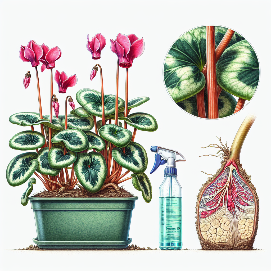 A detailed illustration of two Cyclamen plants. One appears green and healthy, the other shows signs of Fusarium wilt with yellowed leaves and necrotic lesions on the stem. Beside them, there's a spray bottle filled with a conceptual fungicide intended to combat the wilt. Separate this scene from a cross-section of the infected plant's stem showing the internal damage caused by the disease. Don't include any people, brand names, text, or logos within the image. The scene is presented on a clean, white background.