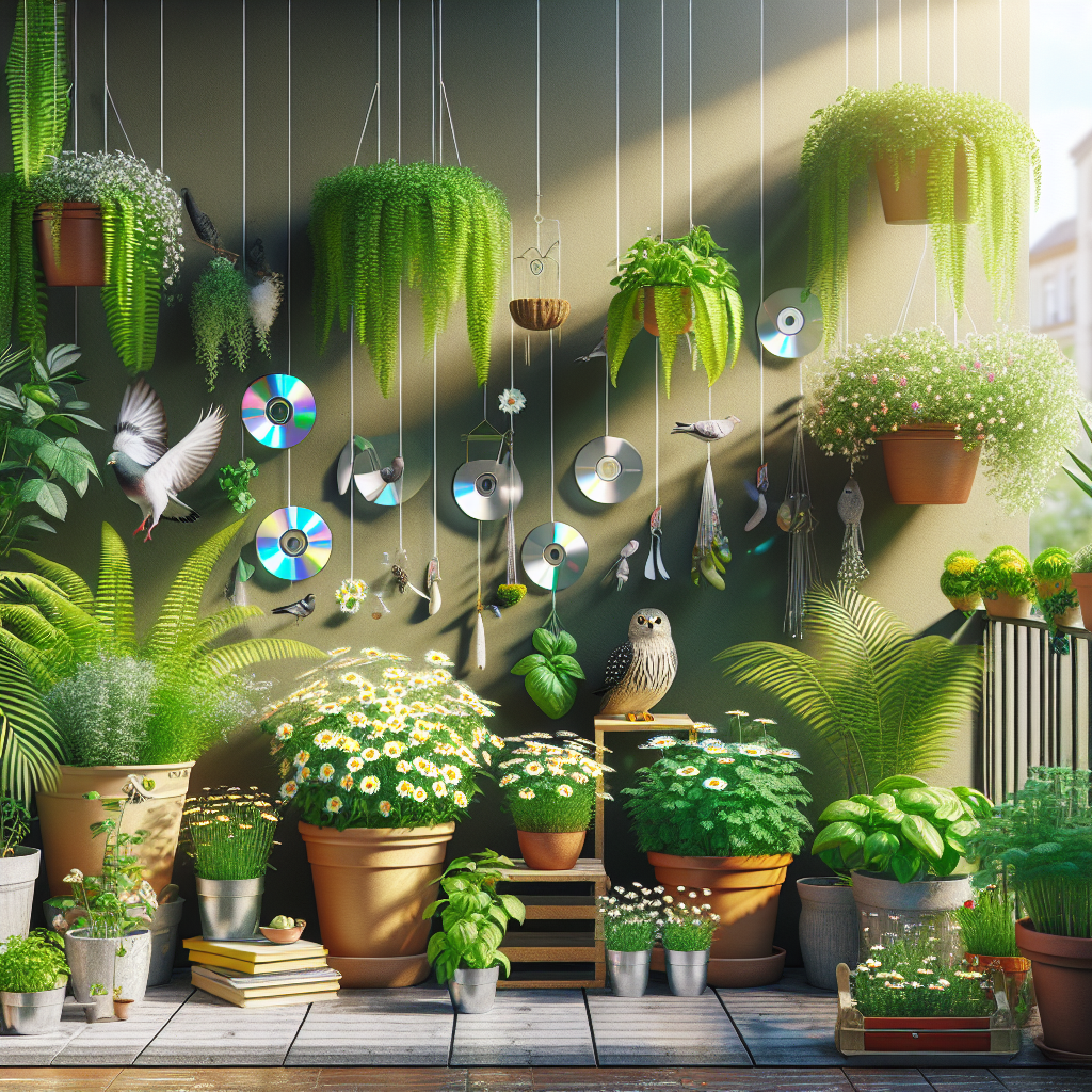 An image illustrating a serene, sunny balcony garden thriving with a variety of green, healthy potted plants including ferns, bell peppers, daisies, and mint. There are effective pigeon deterrents present; such as CDs hanging from strings, reflective streamers, and a decoy owl perched on the balcony rail. There are no people, text, brand indicators, or logos in the image.