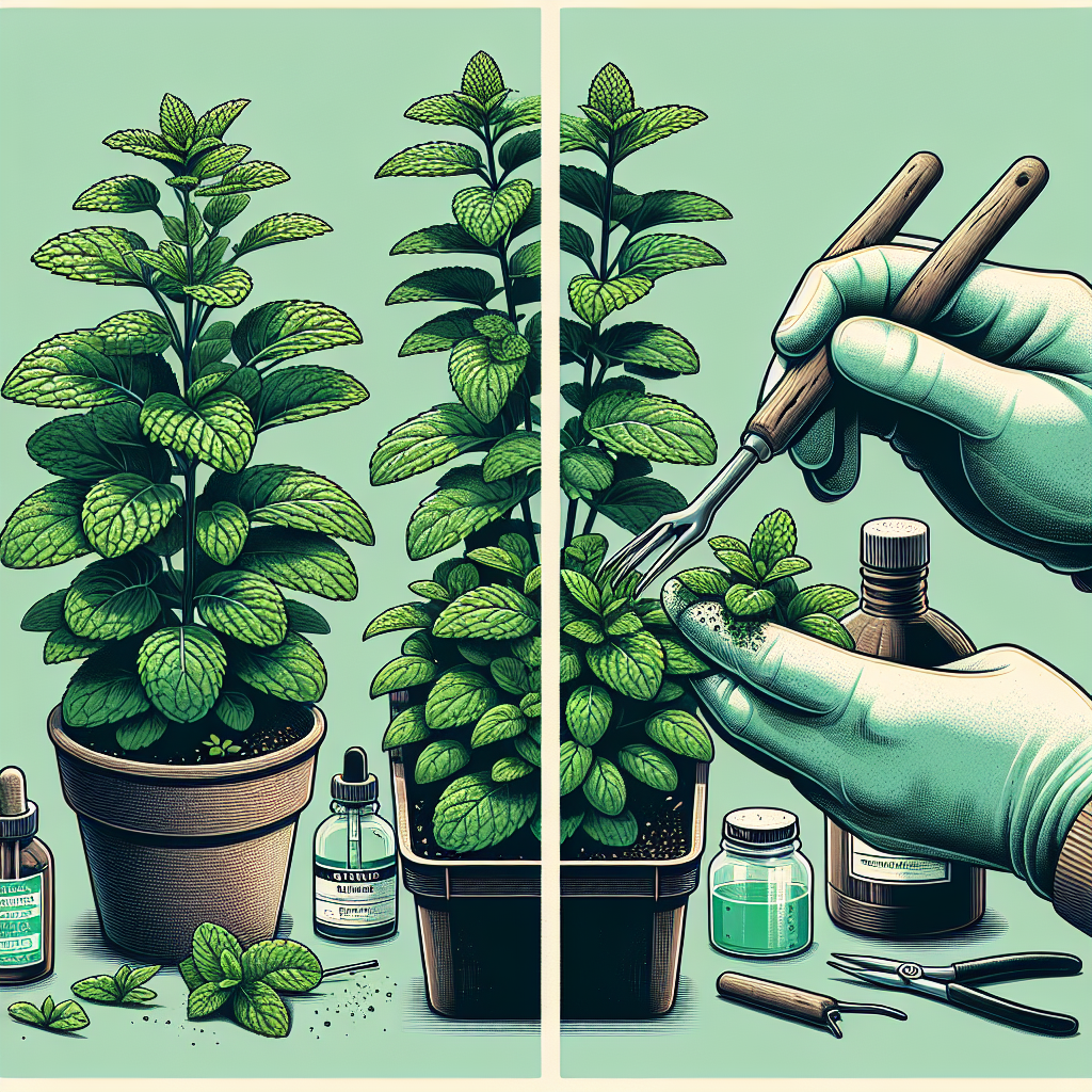 An image showcasing the process of taking care of mint plants. It's made of two parts, with the first part on the left demonstrating a thriving mint plant with a fresh, healthy green hue and strong, upright posture, signifying how a well-cared-for plant should look. The second divided part on the right shows a pair of gloved hands delicately handling a small gardening tool and gently applying a natural, non-branded fungicidal solution on the leaves of another mint plant as a prevention strategy against rust fungi. The background is a peaceful home garden scene, with various non-branded gardening tools neatly arranged nearby. The overall tone of the image is calming and informative.