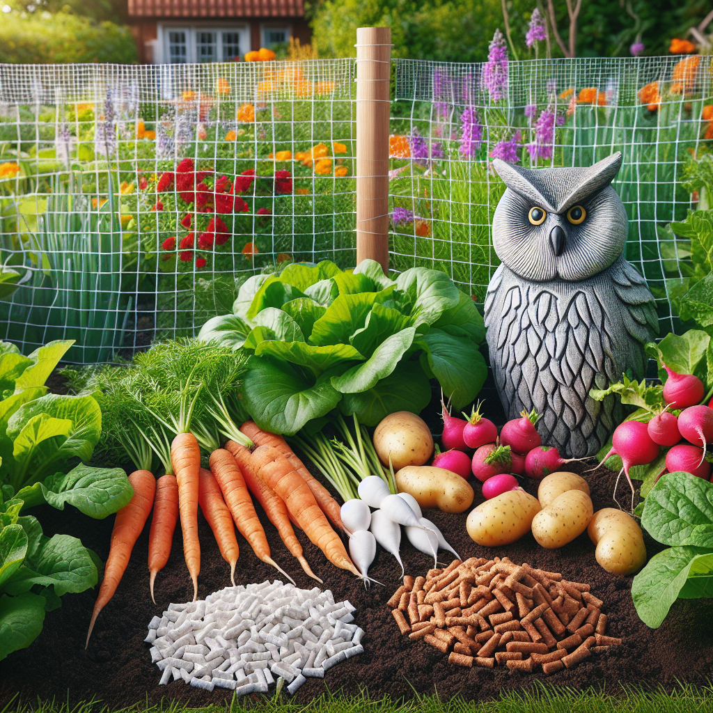 Create an image showcasing a vibrant vegetable garden filled with root vegetables such as carrots, radishes, and potatoes. Show deterrent measures designed to keep voles away, such as a barrier of mesh fencing around the garden, pellets scattered on the soil, and a pair of owl statues placed strategically as a vole deterrent. The setting should be sunny and lush, giving off a healthy and protected vibe to the garden. Remember to avoid any human presence in the image.
