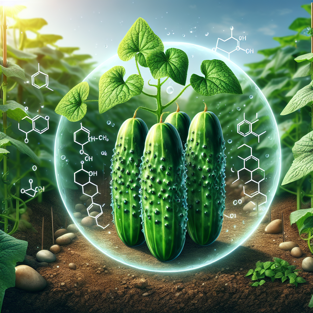 An illustrative scene of cucumbers thriving in a lush, green garden. They are protected by an invisible forcefield, symbolizing protection against bacterial wilt. Biochemical symbols hover around the forcefield, representing the science involved in protecting the cucumbers. The healthy condition of the cucumbers is evident in their vibrant green color and plump shapes. There are no people, text, brand names, or logos visible within this scene, and the surroundings include other garden elements like soil, small rocks, and sunshine illuminating the area.