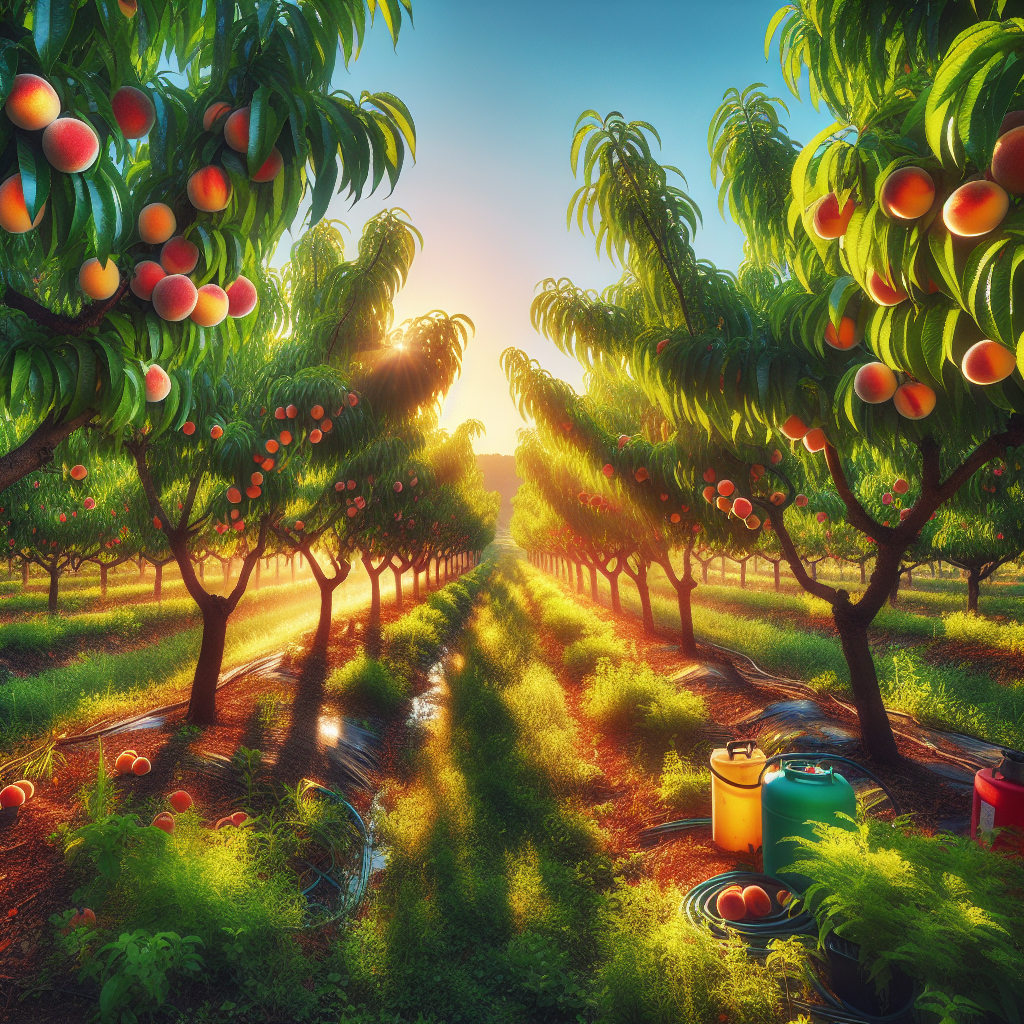 A vivid, healthy orchard bathed in soft afternoon sunlight, filled with lush peach trees, their branches heavy with ripe and juicy peaches. Not a sign of Peach Leaf Curl disease is visible, a testament to successful prevention. The ground is littered with green foliage, while brilliant blue sky peeks through the dense canopies overhead. An array of tools including a spray tank and gloves are on the orchard floor, indicative of the maintenance performed on these trees to preserve their health. All is natural and free from any brand logos or text.