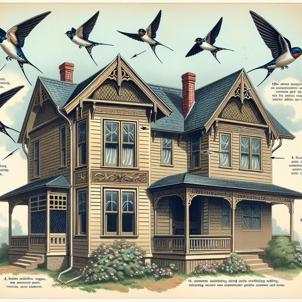 An educational illustration showing a house with eaves and swallows flying around. The house is of Victorian architecture with steeply pitched gable roofs and finely detailed trim. The eaves are neatly decorated with intricate woodwork. A group of five swallows are shown mid-flight, their wings spread out wide, they convey a sense of movement. A series of preventative measures such as installing bird spikes, slant boards, and netting are shown in action, deterring swallows from nesting. No brand labels or text are shown. There are no humans or any other animals depicted in the image.