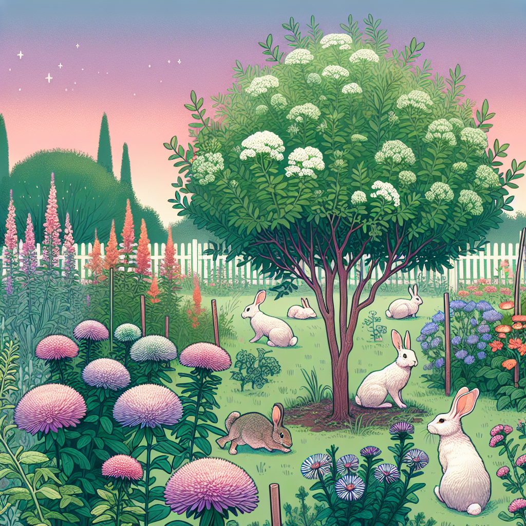 A garden scene focused on young verdant trees. Around the trees, there are various plants and flowers providing an array of colors in the background. In the midground, several rabbits are shown wandering round but being kept away from the trees by natural deterrents such as strong-smelling marigolds and aster flowers as well as garden fences. The sky is a delicate gradient of pastel pinks and purples, signifying twilight, and a sprinkling of stars adorn the sky. Please note that no humans, text, or brand-related content should appear in the illustration.