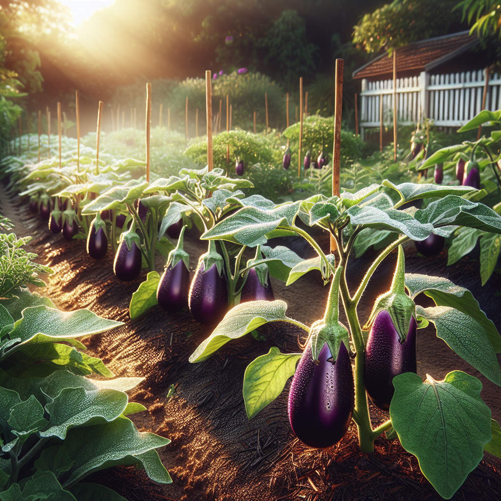A landscape oriented image showcasing an area of a lush garden with healthy rows of fully grown plants exhibiting bright purple, glossy eggplants hanging from them. The plants are clearly well-tended, displaying no signs of blossom end rot disease, indicated by smooth, flawless undersides of the eggplants. Sunlight filters in from the top left, illuminating each dew kissed leaf and eggplant. Each plant is seen surrounded by healthy soil rich with organic matter and mulch that look freshly watered. Also, noticeable in the background is a small, white wooden fence, adding to the pastoral charm of this garden scene.