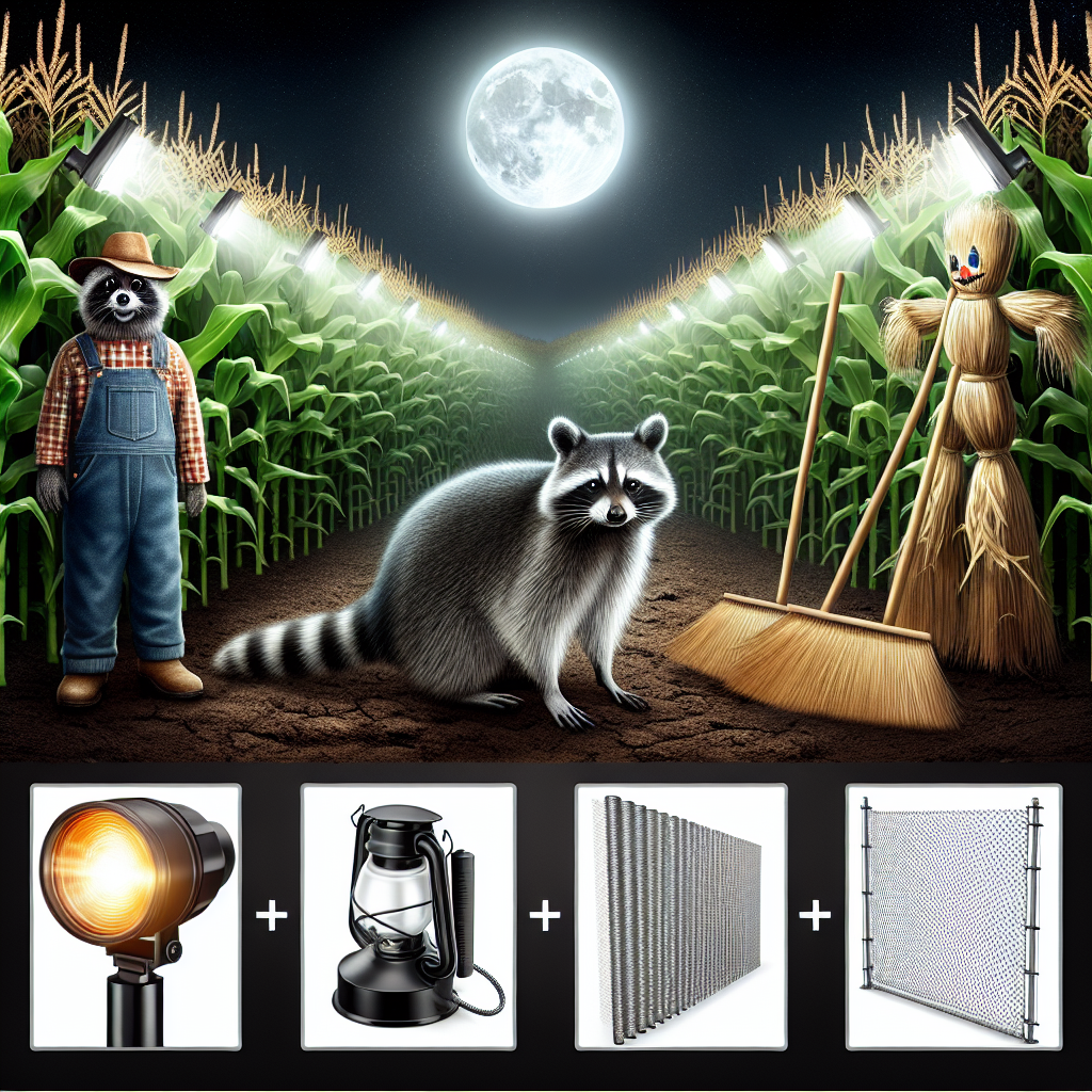 An image showcasing a corn field under the moonlight. Raccoons are curiously peeking from the edge of the field. In the foreground, observe a few deterrent methods carefully placed around the field: a bright flash light, a scarecrow with a large broom, and tight mesh fencing. All items are generic and contain no visible texts or brand logos.
