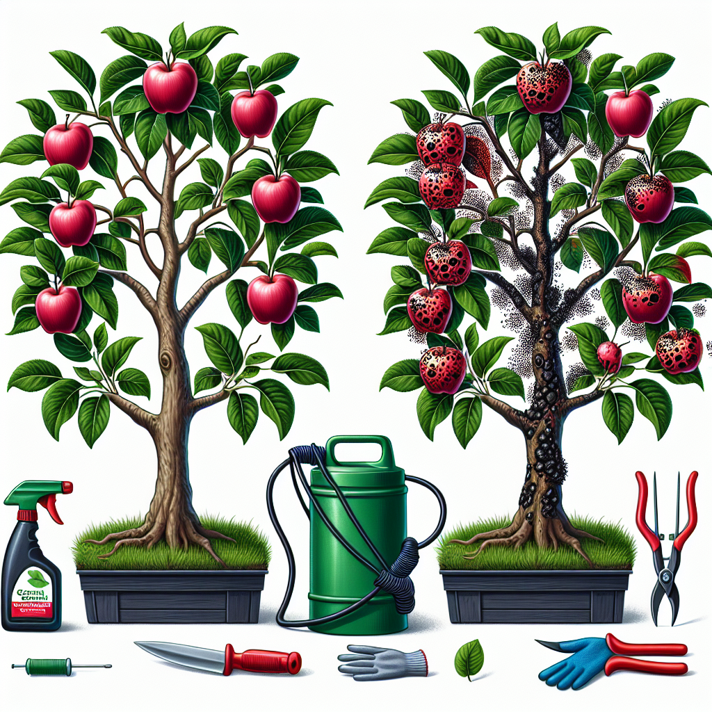 An illustration showing the process of combating Black Spot Disease on apple trees. The image features a healthy apple tree on one side, with glossy green leaves and bright red apples. Near the middle, a tree ailing with black spot disease, black spots marring its leaves. On the other side, the tree shows signs of recovery, with less spotted leaves and brighter apples. Next to the trees, a set of gardening tools - a sprayer filled with organic treatment, pruning shears, and protective gloves. There are no brand names, logos, text, or human figures in the image.