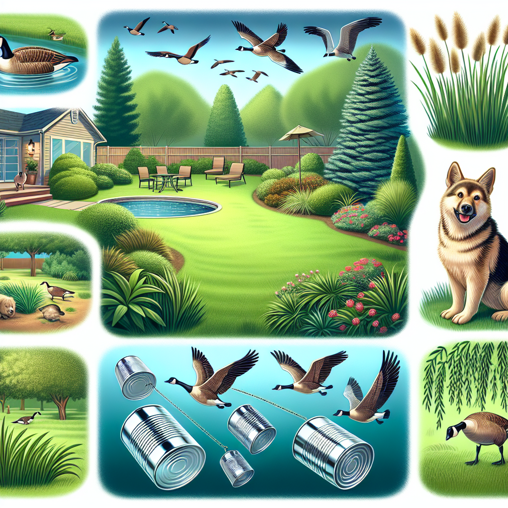 An illustrated scene showcasing various methods to deter geese from lawns and pond areas, devoid of any text or humans. The image can feature a lush green lawn area and a small pond, both initially attractive to geese. Displaying a fluffy decoy dog stationed near the pond, an arrangement of tall grass or shrubs disconnecting the pond from the lawn, and shiny, reflective objects like aluminum cans hung from tree branches to scare away the birds. No brand names or logos should be visible anywhere. Additionally, a pair of geese could be seen in the sky, flying away from the area.